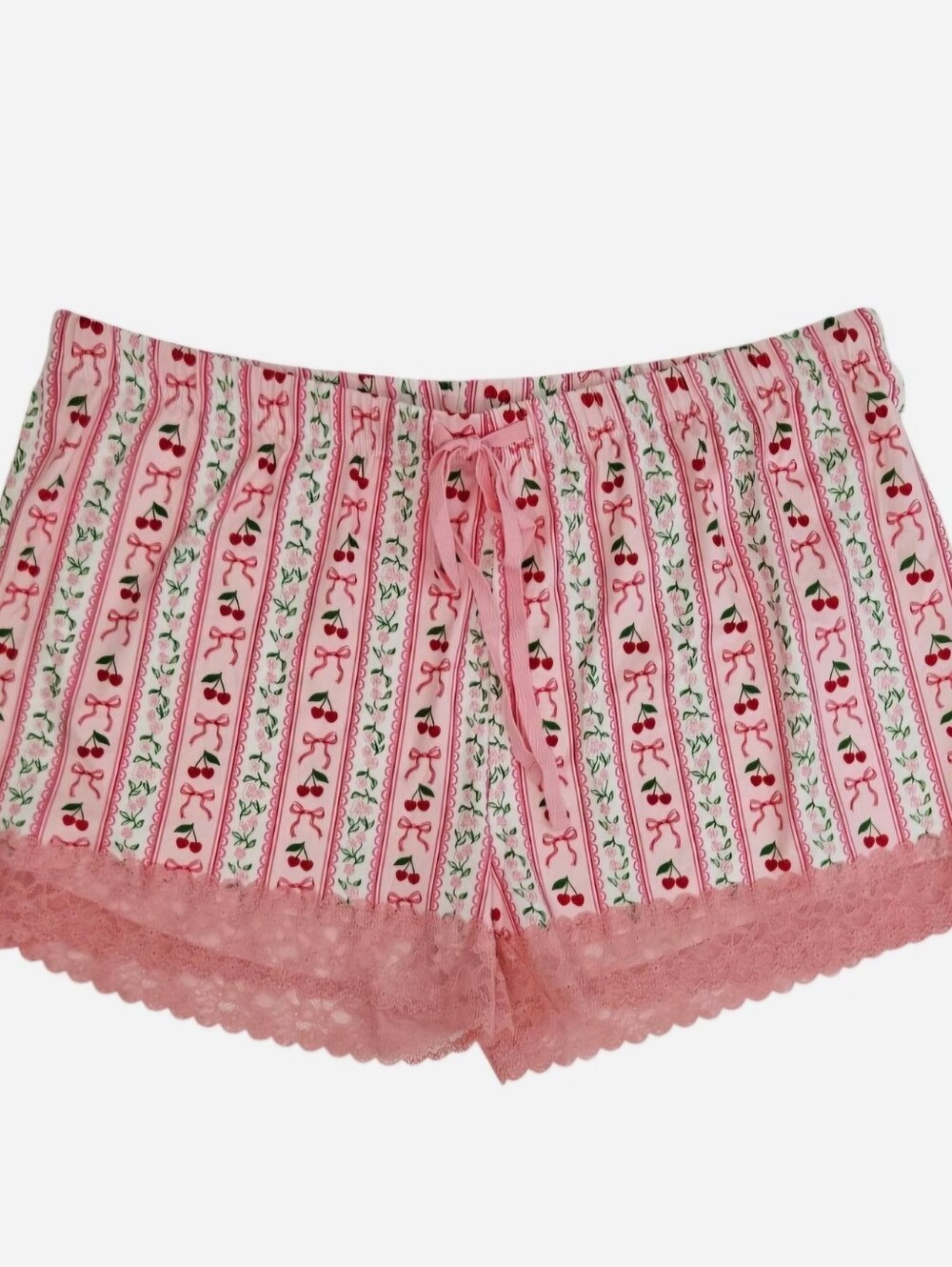 Pink cherry print pajama shorts lace trim & drawstring waist size XL-XXL NEW